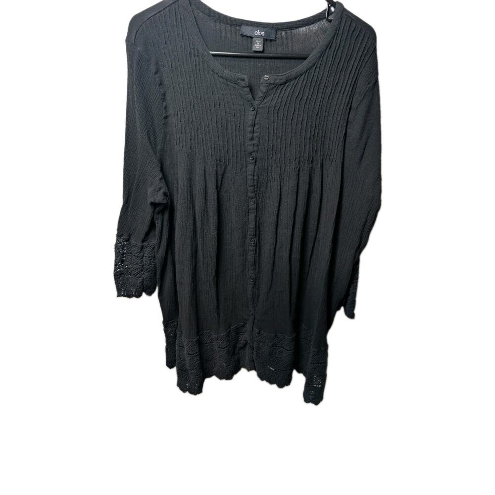 ELLOS Shirt Top Blouse Black Pleated Crochet Tunic Cottage Women's Plus Size 2X